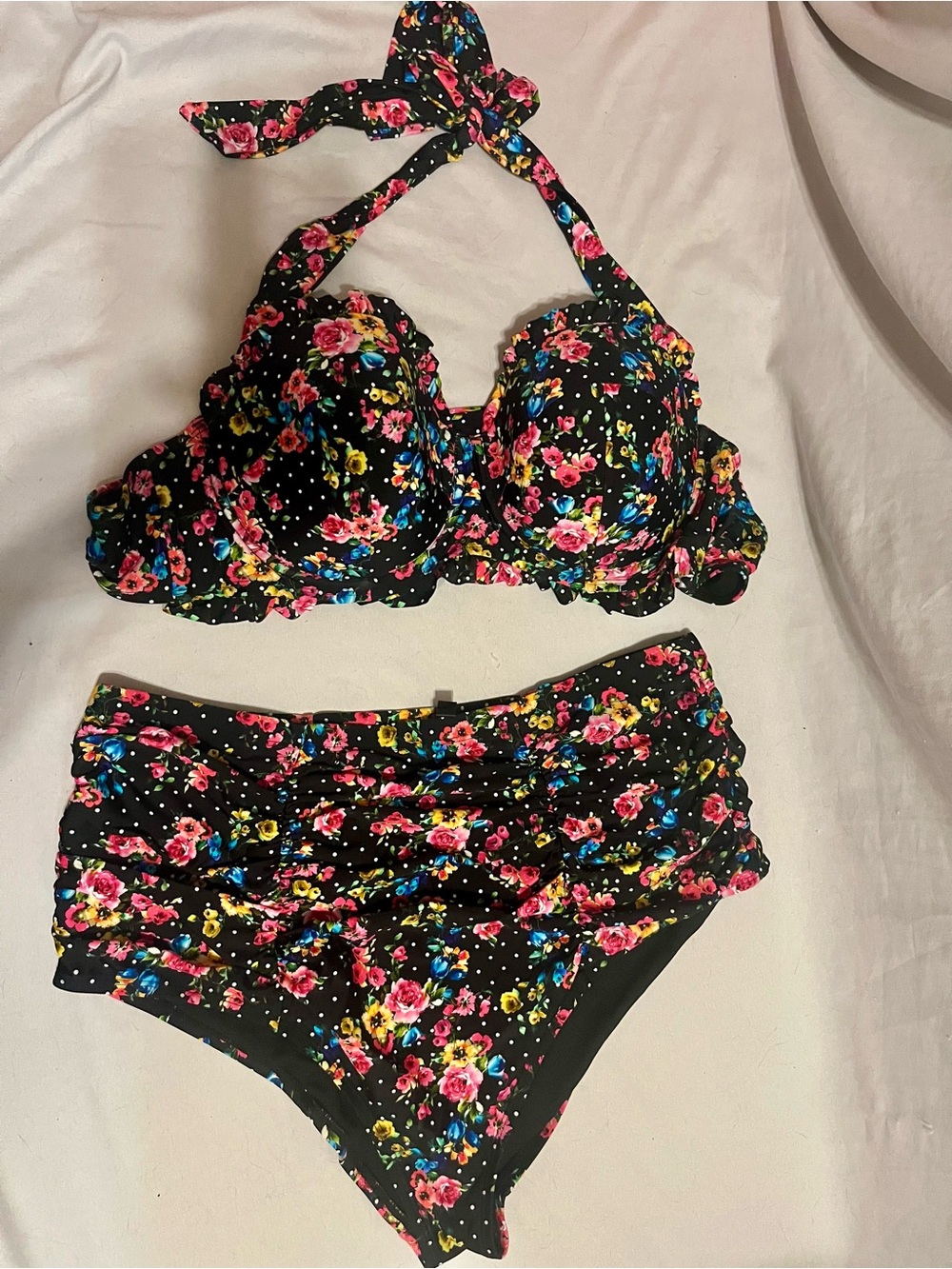Black Floral and Polka Dot High Waisted Bikini